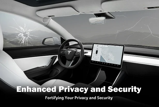 Vehicle interior graphic with cracked glass illustration and the text Enhanced Privacy and Security and Fortifying Your Privacy and Security. The image represents how window tint reduces visibility into the vehicle and helps protect passengers and belongings during installations at Inch X Inch in Sarasota Florida.