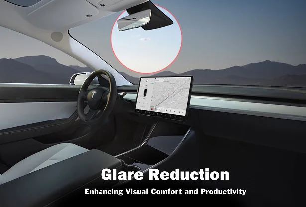 Car interior view looking through the windshield toward mountains with a highlighted rearview mirror area and the text Glare Reduction and Enhancing Visual Comfort and Productivity. The graphic demonstrates how window tint helps reduce sunlight and headlight glare for safer driving at Inch X Inch in Sarasota Florida.