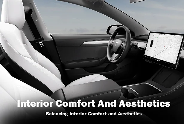 Modern vehicle interior with white seats and a large center display screen shown beside the text Interior Comfort And Aesthetics and Balancing Interior Comfort and Aesthetics. The image illustrates how window tint can enhance cabin comfort and visual style during professional installations at Inch X Inch in Sarasota Florida located at 640 Apex Rd Sarasota FL.